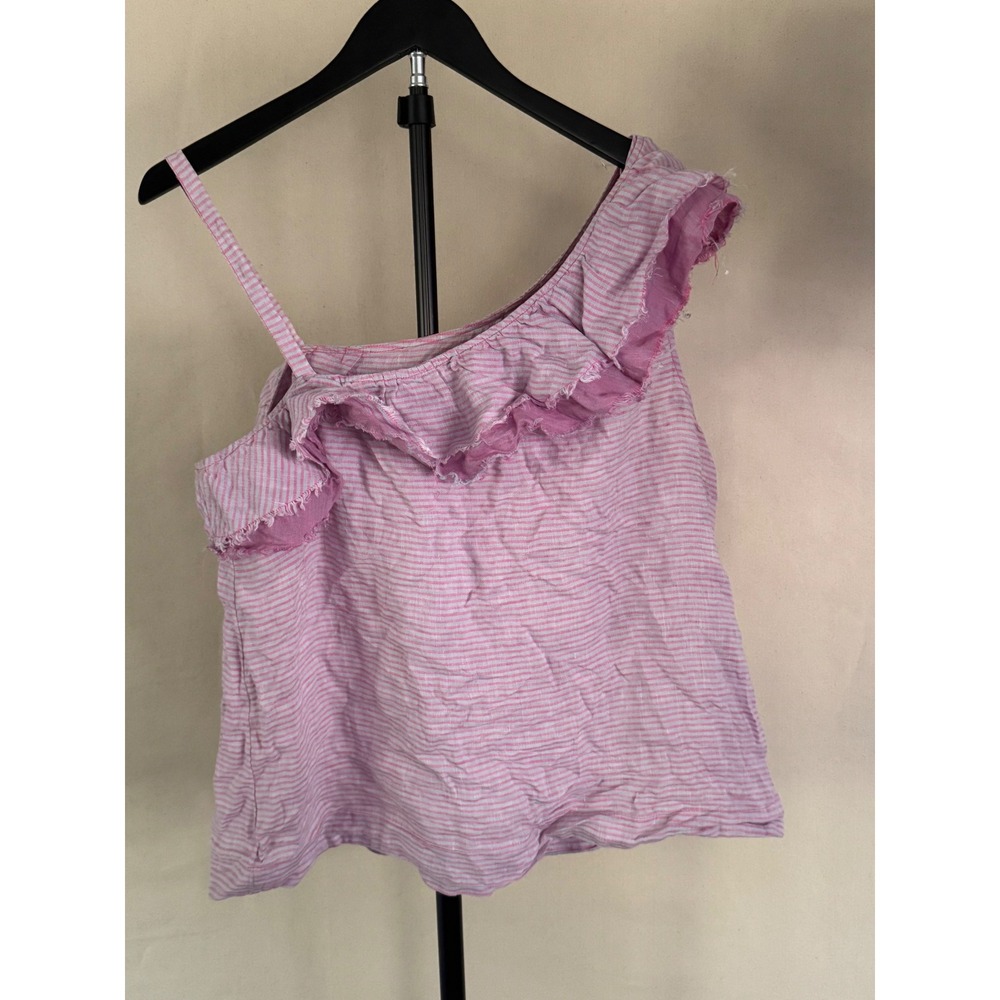 Holding Horses M Pink Stripe Linen One Shoulder Ruffle Top Est MSRP $88